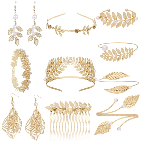 Baroque Golden Metal Leaf Artificial Pearl Headband Elegant Grecian Goddess Hair Band Wedding Party Hair Jewelry For Women