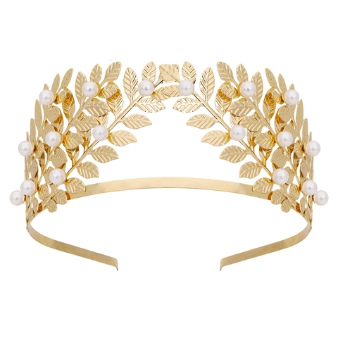 Baroque Gold Laurel Leaf Artificial Pearl Headband Vintage Greek Goddess Bridal Crown For Wedding Party Photography Women Hair Jewelry