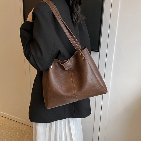 Bolso Tote Retro de Gran Capacidad de Cuero PU para Mujer Bolso de Hombro Minimalista de Color Sólido para el Trabajo Diario