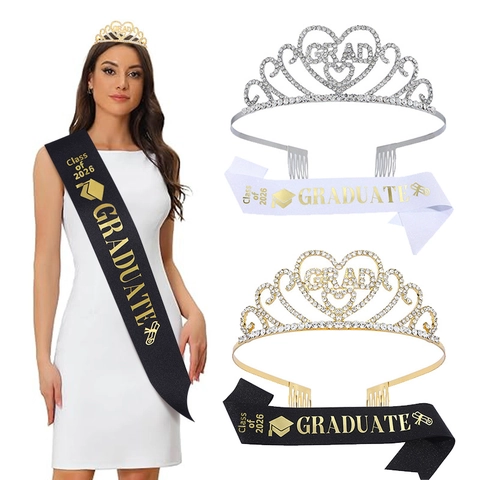 Graduation Party Tiara And Sash Set For Women 2026 Class Of Graduate Gold Silver Rhinestone Crown Alloy Satin Sash Accessories