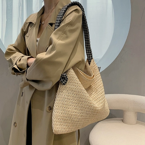 Women Large Capacity Straw Woven Shoulder Bag With Houndstooth Wide Strap Vacation Beach Tote Bag Casual Handbag