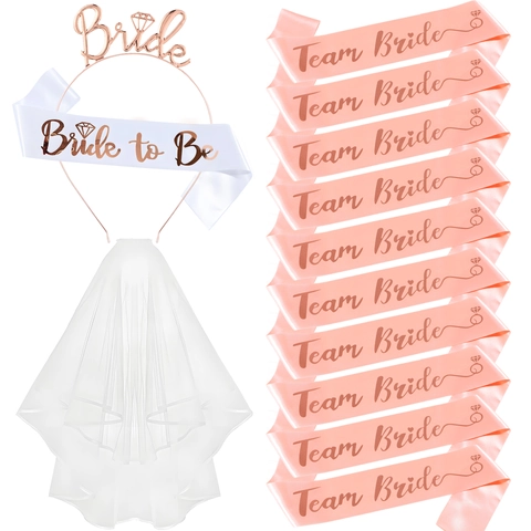 Accessoires de Décoration Enterrement de Vie de Jeune Fille Serre-Tête Mariée Or Rose Écharpe Bride To Be Blanche Écharpes Team Bride Roses Voile en Tulle