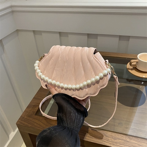 Sac à Main Femme Forme Coquillage Avec Poignée en Perle Artificielle Sac à Bandoulière en Cuir PU Surpiqué Élégant Sac de Fête
