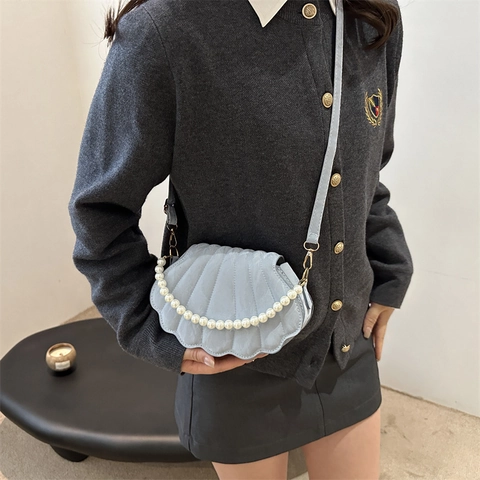 Sac à Main Femme Forme Coquillage Avec Poignée en Perle Artificielle Sac à Bandoulière en Cuir PU Surpiqué Élégant Sac de Fête