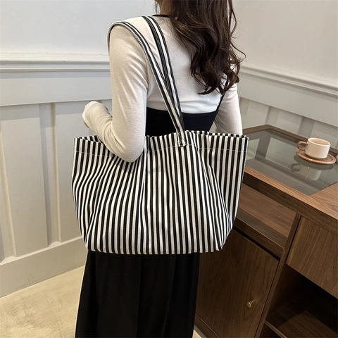 Damen Große Kapazität Gestreifte Canvas Tote Bag Lässig Minimalistisch Vertikale Streifen Umhängetasche Handtasche Alltag