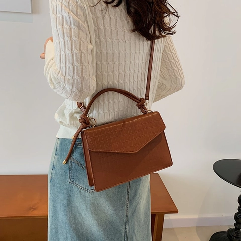 Sac à Épaule Femme Vintage Gaufré Crocodile Cuir PU Poignée Nouée Rabat Enveloppe Sac Bandoulière Avec Bandoulière Réglable