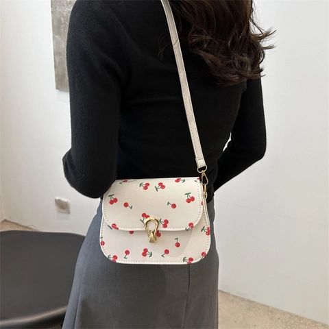 Petit Sac à Épaule Carré Imprimé Cerise pour Femme en Cuir PU Style Coréen Sac à Bandoulière Avec Serrure en Métal Sac Mode Simple