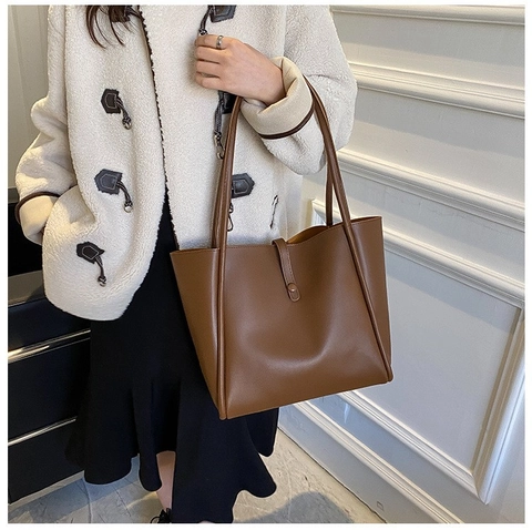 Bolso Tote Grande de Cuero PU Minimalista para Mujer Color Sólido Viaje al Trabajo Bolso de Hombro Con Conjunto de Bolsa Interna