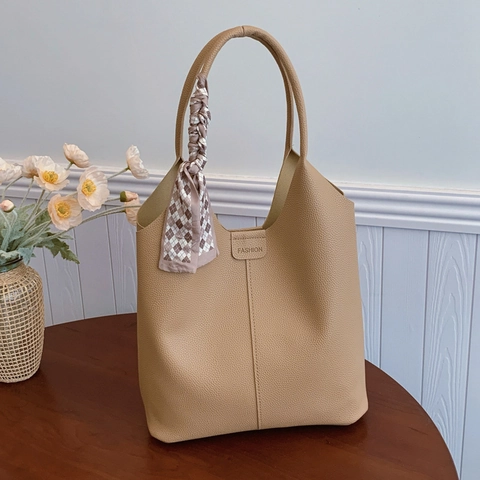 Women Large Capacity PU Leather Tote Bag Minimalist Solid Color Shoulder Bag With Satin Scarf Decoration Daily Commuting Handbag