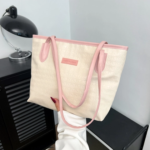 Bolso Tote de Moda para Mujer Cuero PU Gran Capacidad Relieve Color de Contraste Bolso de Hombro para Conmutar Escuela