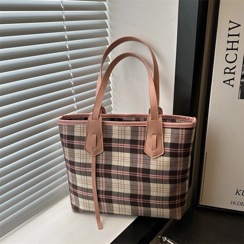 Bolso Tote de Cuadros para Mujer Gran Capacidad Bolso de Hombro de Cuero PU Lona Bolso de Mano para Diario Mujeres