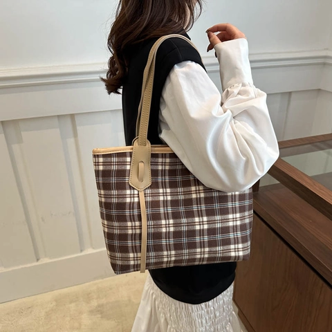 Bolso Tote de Cuadros para Mujer Gran Capacidad Bolso de Hombro de Cuero PU Lona Bolso de Mano para Diario Mujeres