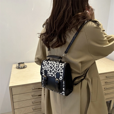 Zaino da Donna Mini Leopardato Alla Moda in Pelle PU Vintage Piccola Borsa a Tracolla Manico Casual Chic Elegante Zaino