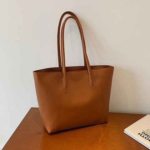 Bolso Tote de Cuero PU Minimalista para Mujer de Gran Capacidad de Color Sólido Retro Bolso de Hombro Elegante Bolso de Axila