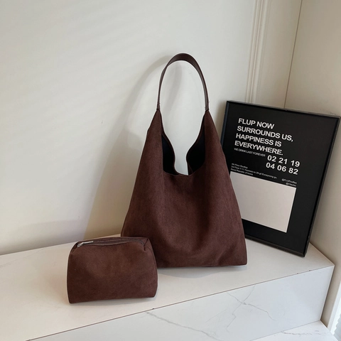 Bolso de Hombro de Lona de Gran Capacidad Retro para Mujer Color Sólido Minimalista Urbano Bolso Tote para Axila con Textura de Gamuza