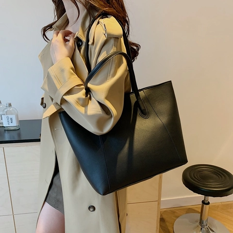 Bolso Tote de Cuero PU Minimalista para Mujer de Gran Capacidad de Color Sólido Retro Bolso de Hombro Elegante Bolso de Axila
