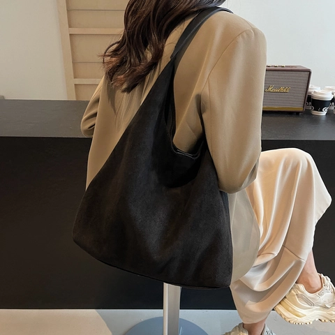 Bolso de Hombro de Lona de Gran Capacidad Retro para Mujer Color Sólido Minimalista Urbano Bolso Tote para Axila con Textura de Gamuza