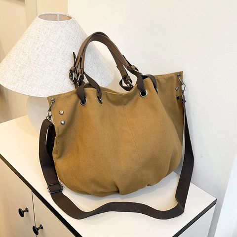 Women Large Capacity Canvas Tote Bag Retro Casual Shoulder Bag Adjustable Strap Commuter School Work Handbag Solid Color
