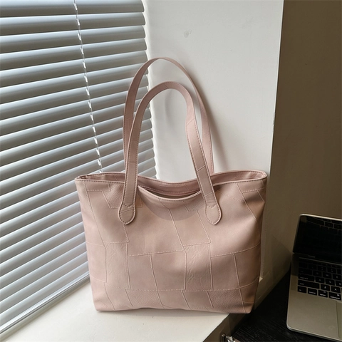 Vintage Grote Capaciteit PU Leren Tote Bag Voor Vrouwen Effen Kleur Geometrische Stiksels Schouder Oksel Tas Urban Simple Stijl