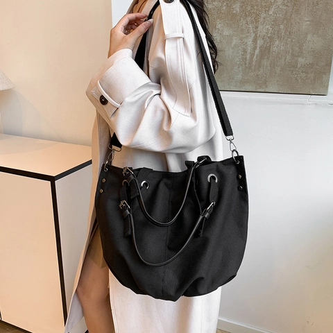 Women Large Capacity Canvas Tote Bag Retro Casual Shoulder Bag Adjustable Strap Commuter School Work Handbag Solid Color