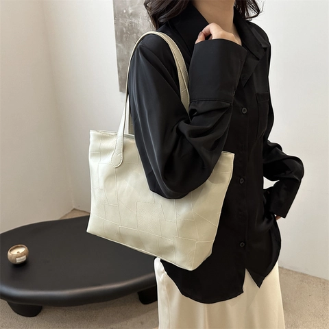 Vintage Grote Capaciteit PU Leren Tote Bag Voor Vrouwen Effen Kleur Geometrische Stiksels Schouder Oksel Tas Urban Simple Stijl