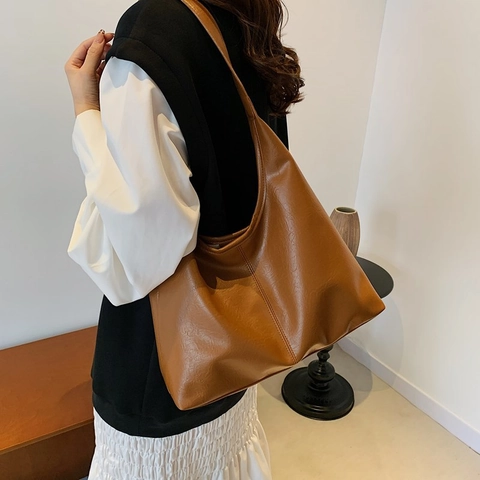 Vintage PU Leather Large Tote Bag With Matching Pouch Minimalist Soft Hobo Shoulder Bag For Women Daily Work Shopping Bag