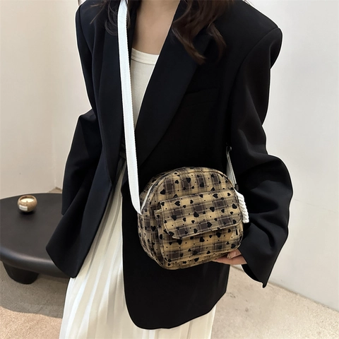 Borsa a Spalla Casual da Donna Stampa Cuore a Quadri Nylon Piccola Borsa Quadrata Borsa a Tracolla Con Tracolla Regolabile Moda Autunnale