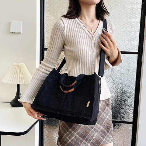 Bolso Tote de Pana para Mujer Gran Capacidad Bolso de Hombro Color Sólido Minimalista Bolso Mensajero Informal de Otoño Invierno