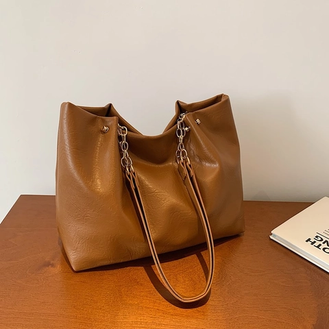 Borsa Tote in Pelle PU di Grande Capacità per Donna Vintage Borsa a Tracolla Morbida Con Catena Borsa Moda Pendolare