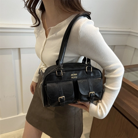 Women Vintage PU Leather Bowling Bag Commuting Casual Underarm Shoulder Bag With Double Front Pockets Zipper Closure Solid