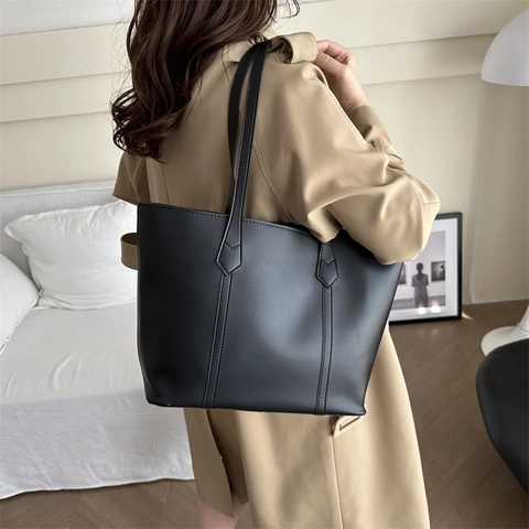 Minimalistische PU Leren Grote Capaciteit Tote Tas Voor Dames Effen Kleur Urban Simple Commuter Schoudertas Handtas