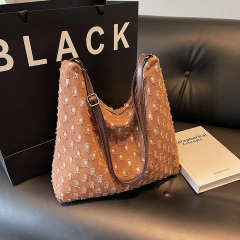 Borsa Tote da Donna in Nylon a Pois Grande Capacità Borsa Hobo a Spalla Effetto Consumato Sfilacciato Vintage Casual Mano