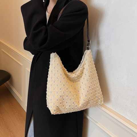 Borsa Tote da Donna in Nylon a Pois Grande Capacità Borsa Hobo a Spalla Effetto Consumato Sfilacciato Vintage Casual Mano