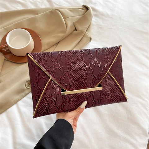 Bolso de Mano de Sobre de Cuero PU Vintage para Mujer Con Adorno de Metal Dorado Patrón de Serpiente Bolso de Hombro