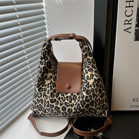 Women Leopard Print Tote Bag PU Leather Splicing Large Capacity Shoulder Bag Fashion Commute Handbag Retro Underarm Bag
