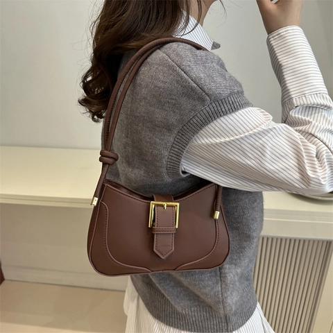 Women Fashion Solid Color PU Leather Underarm Bag Retro Shoulder Bag With Gold Metal Buckle Knot Strap Casual Handbag
