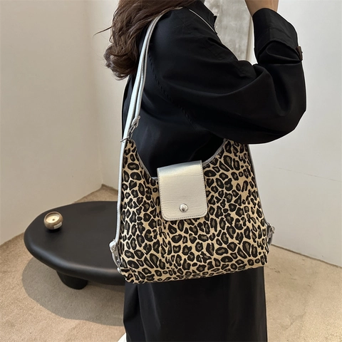 Borsa Tote Leopardata a Grande Capacità da Donna Urban Minimalista Moda Pendolare Borsa a Tracolla in PU con Cuciture