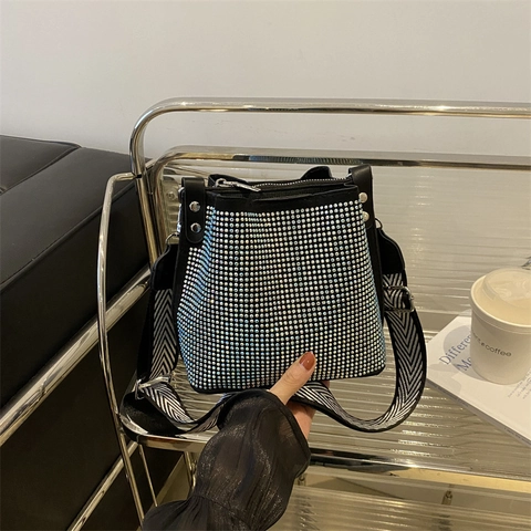 Borsa a Secchiello Donna con Strass Grande Capacità Tracolla Larga Borsa a Tracolla Casual Borsetta da Festa Borsa Spalla