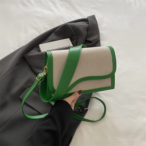 Women Fashion PU Splicing Canvas Colorblock Shoulder Bag Chic Wave Flap Square Crossbody Bag For Daily Streetwear