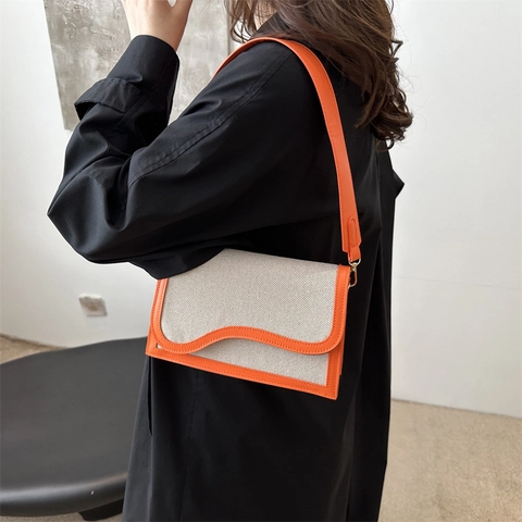 Women Fashion PU Splicing Canvas Colorblock Shoulder Bag Chic Wave Flap Square Crossbody Bag For Daily Streetwear