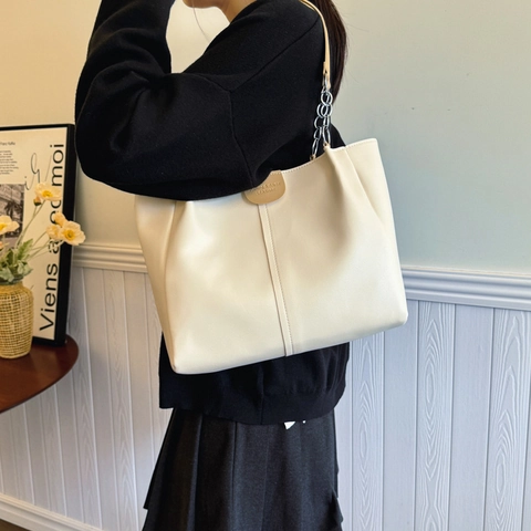 Bolso Tote de Cuero PU de Gran Capacidad para Mujer Con Correa de Cadena Color de Contraste Bolso de Hombro para Diario