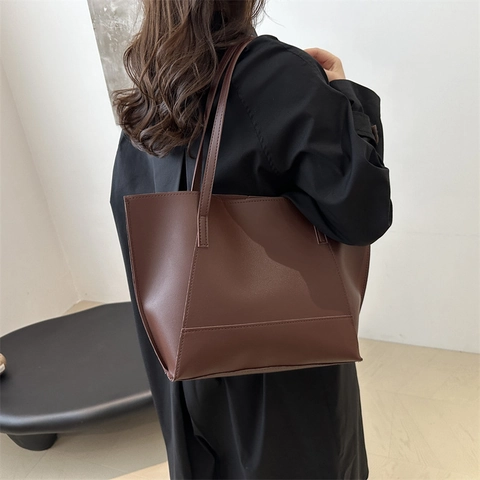 Vintage Minimalist Large Capacity Tote Bag For Women PU Leather Color Block Shoulder Bag With Small Pouch Casual Commuter Handbag