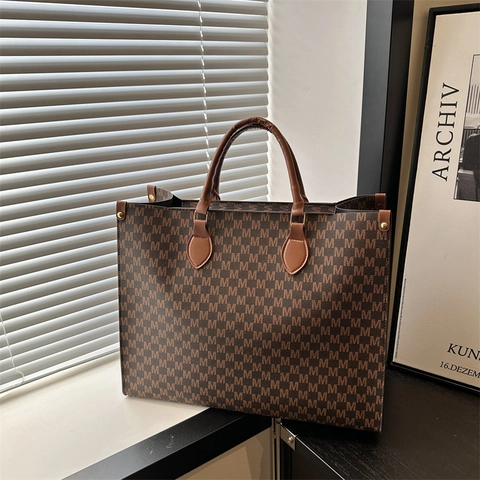 Borsa Tote da Donna Vintage con Stampa Monogramma Grande Capacità Moda Semplice in Pelle PU Borsa a Mano per Pendolarismo a Spalla