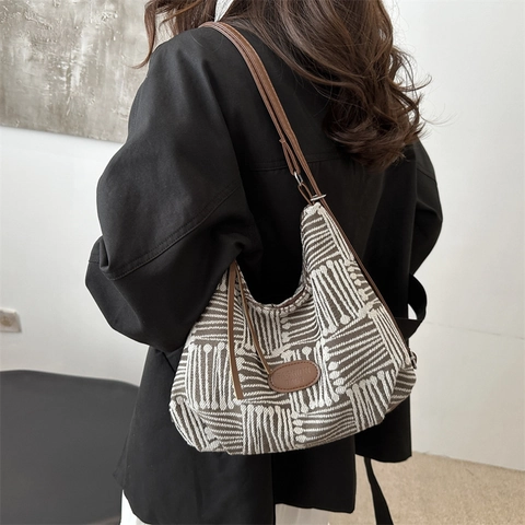 Borsa a Spalla Jacquard Geometrica da Donna Grande Capacità Borsa Tote Casual Con Cinturino in Pelle PU Borse Autunnali Chic
