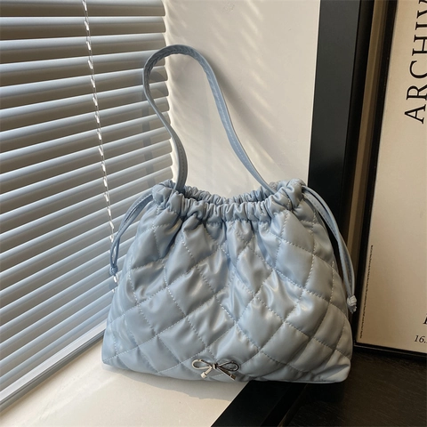 Damen Große Kapazität Gesteppte Rauten Schulter Tragetasche PU Leder Handtasche Mit Metall Schleife Dekor Herbst Mode Lässige Tasche