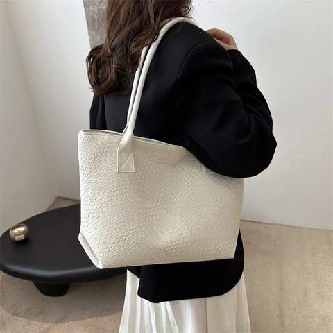 Damen Große Kapazität Einkaufstasche Mit Webmuster PU Leder Vintage Urban Minimalist Schulterhandtasche Lässig Pendler Tasche