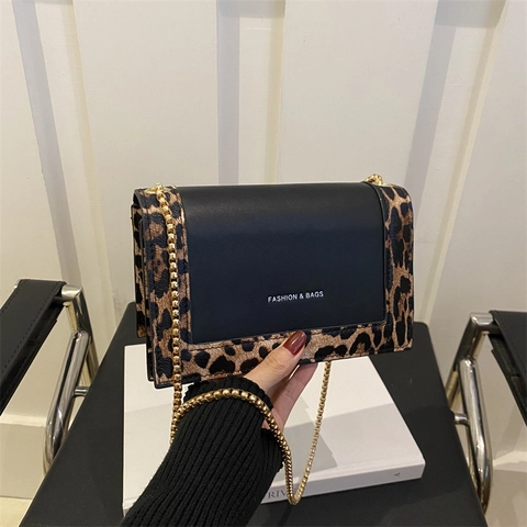 Borsa a Spalla da Donna in Pelle PU con Stampa Leopardata Vintage a Tracolla Quadrata con Decorazione di Lettere Stampate