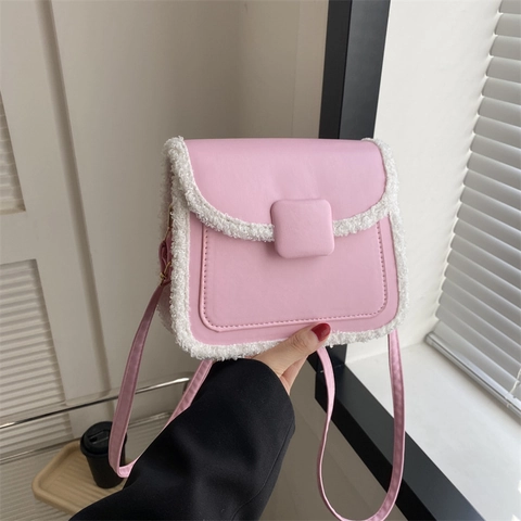 Bolso de Bandolera de Cuero PU Minimalista Coreano para Mujer Patchwork de Lana de Cordero Bolso de Hombro Cuadrado Pequeño Casual