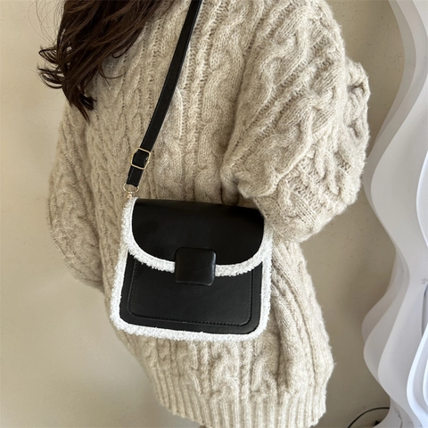 Bolso de Bandolera de Cuero PU Minimalista Coreano para Mujer Patchwork de Lana de Cordero Bolso de Hombro Cuadrado Pequeño Casual