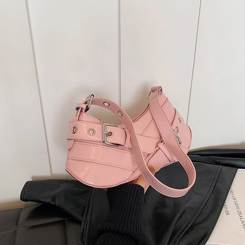 Borsa Sottobraccio in Pelle PU Donna Y2K Punk Grande Capacità Borsa a Tracolla Moto Con Occhielli Metallici Fibbia a Cintura
